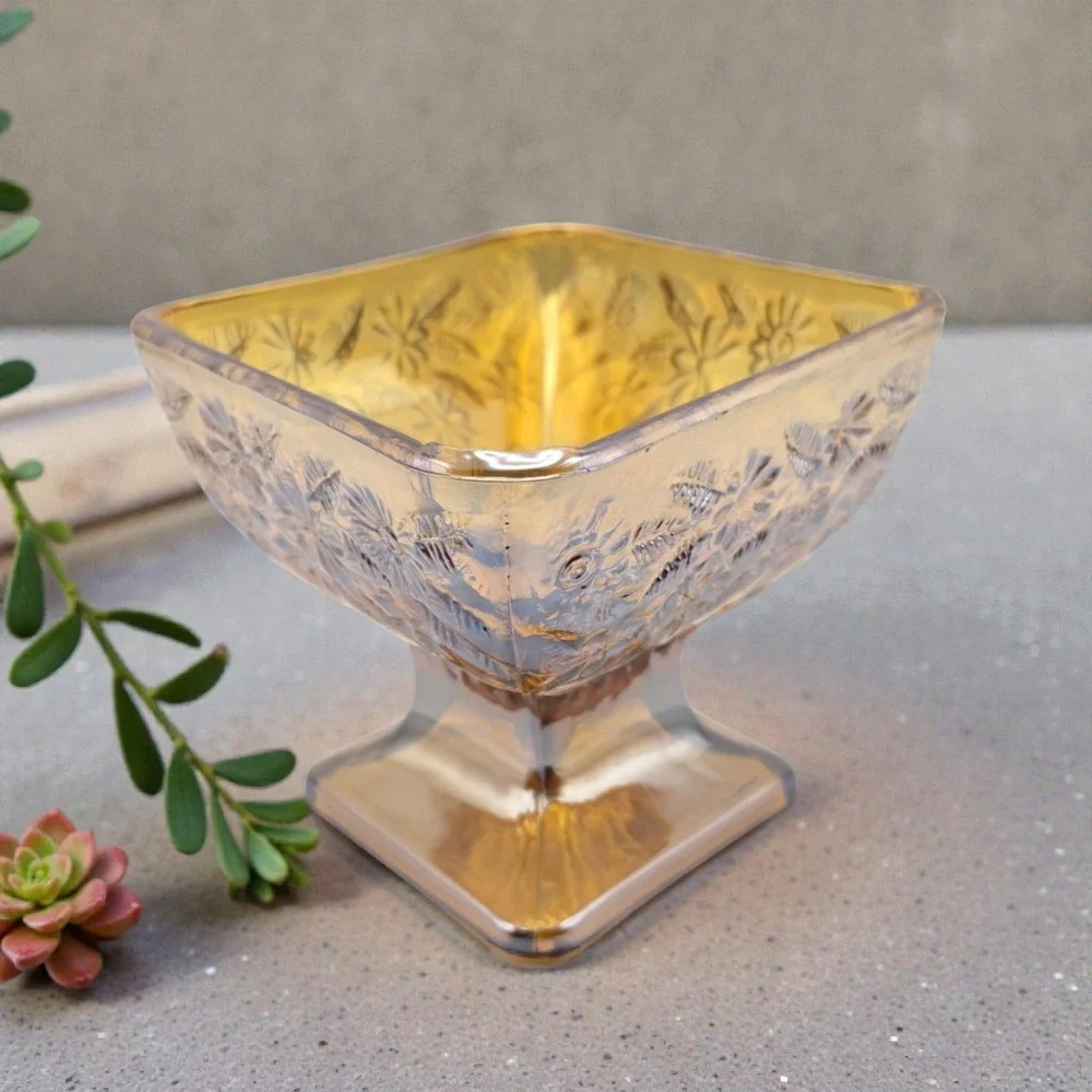Set Of 3 Marigold Amber Carnival Glass Diamond Shaped Candy‎ Dishes